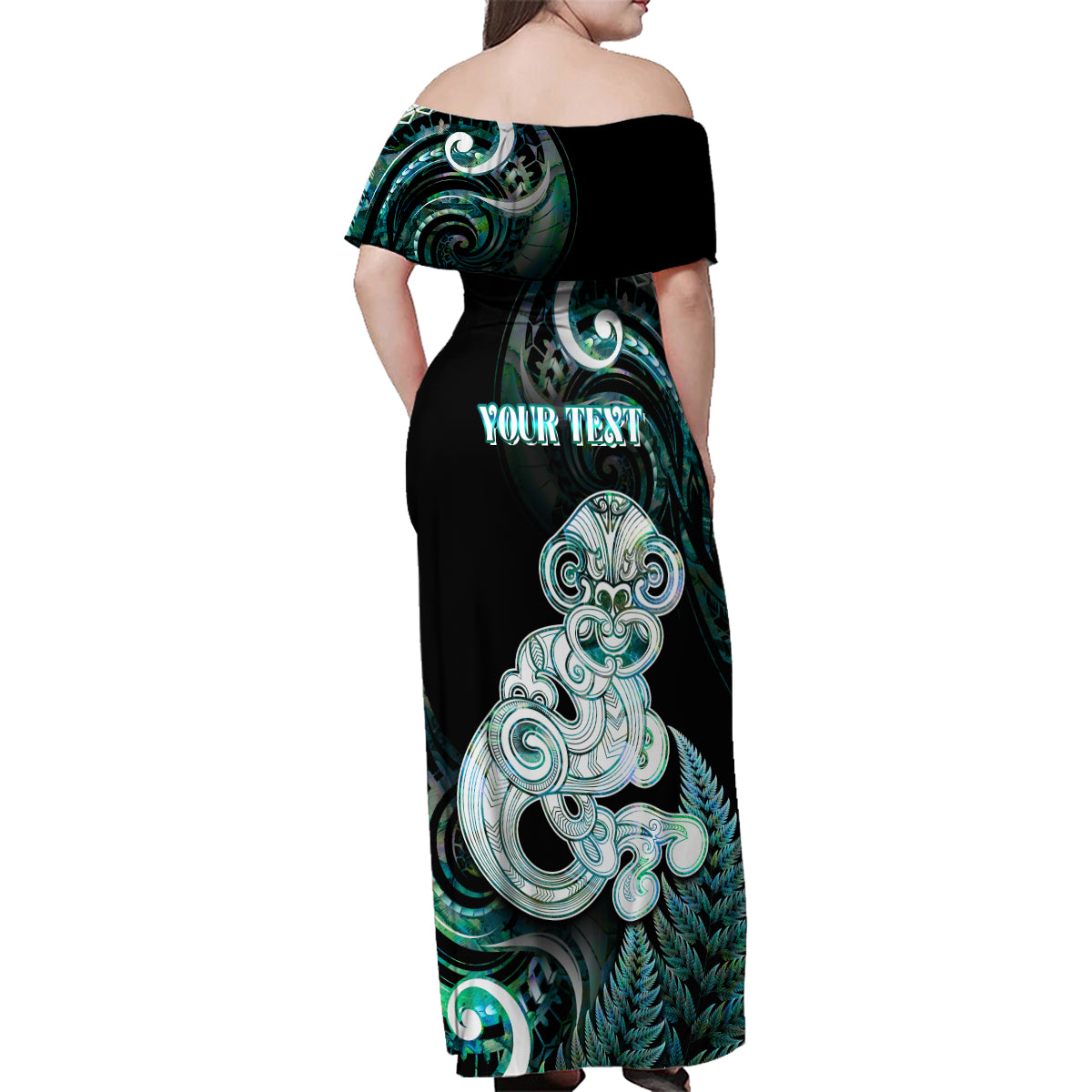 Personalised New Zealand Maori Taniwha Family Matching Off Shoulder Maxi Dress and Hawaiian Shirt Silver Fern Paua Shell Version LT05 - Polynesian Pride