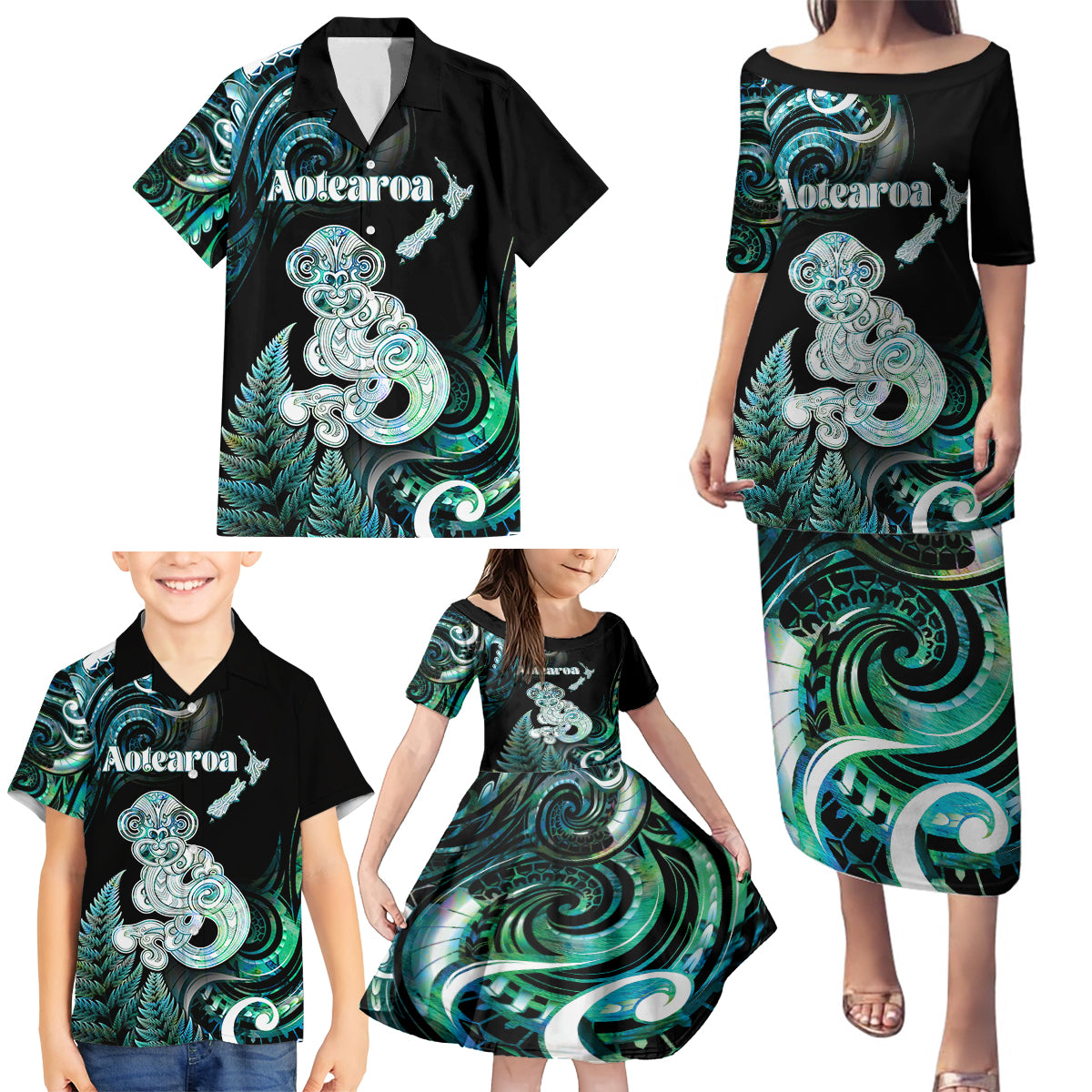 Personalised New Zealand Maori Taniwha Family Matching Puletasi and Hawaiian Shirt Silver Fern Paua Shell Version LT05 - Polynesian Pride