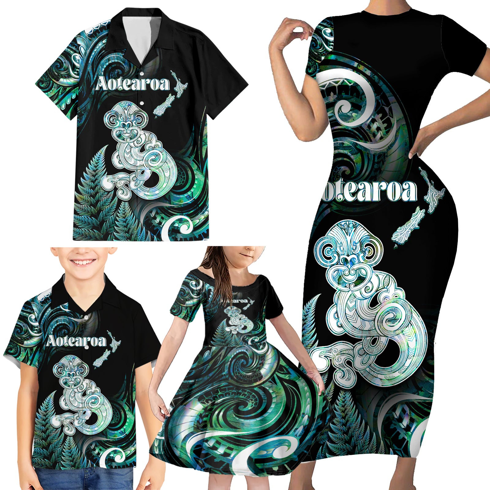 Personalised New Zealand Maori Taniwha Family Matching Short Sleeve Bodycon Dress and Hawaiian Shirt Silver Fern Paua Shell Version LT05 - Polynesian Pride