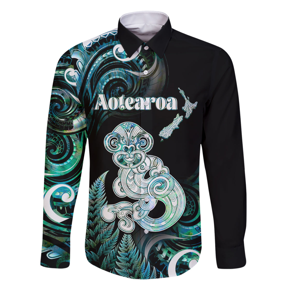 Personalised New Zealand Maori Taniwha Family Matching Short Sleeve Bodycon Dress and Hawaiian Shirt Silver Fern Paua Shell Version LT05 Dad's Shirt - Long Sleeve Turquoise - Polynesian Pride