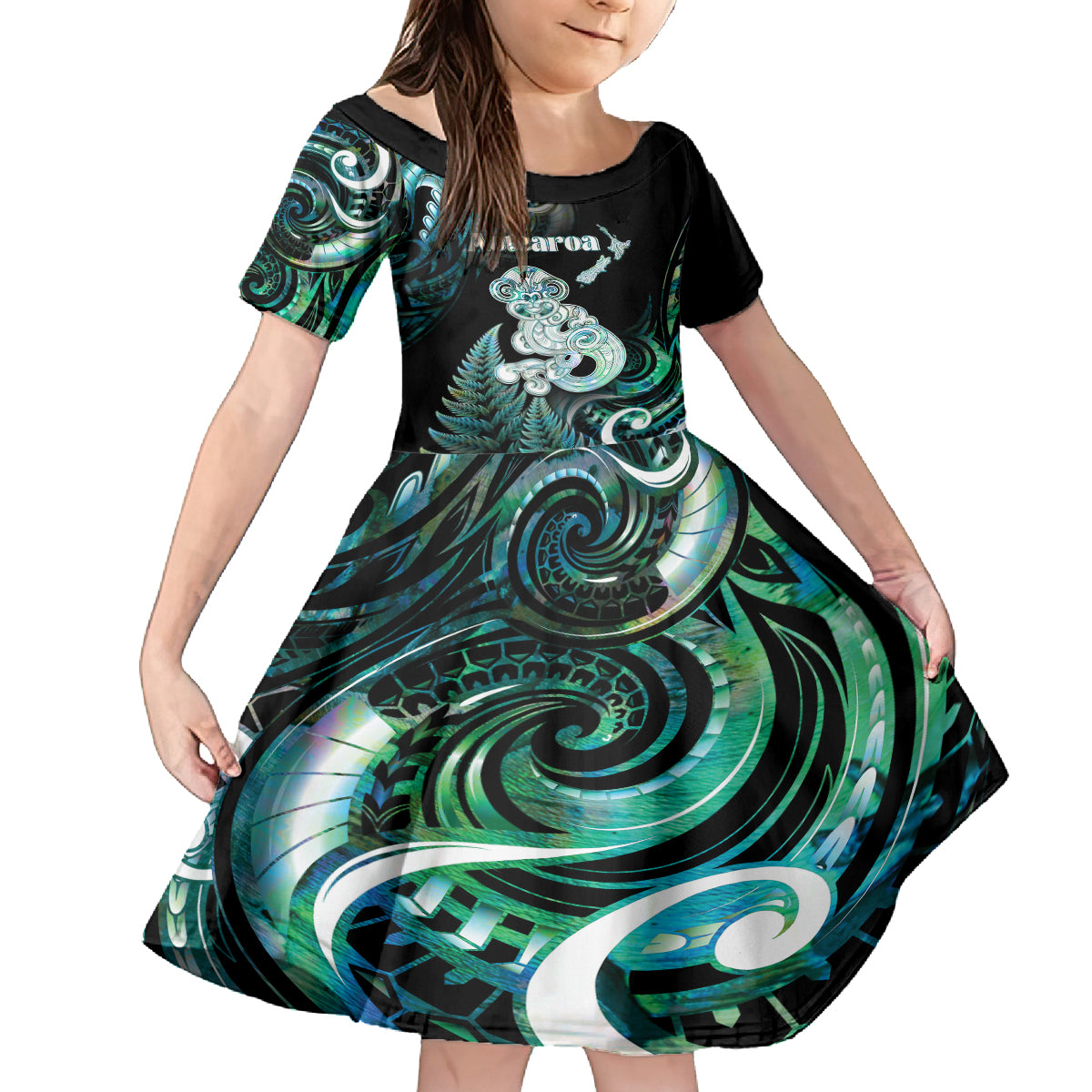 Personalised New Zealand Maori Taniwha Family Matching Tank Maxi Dress and Hawaiian Shirt Silver Fern Paua Shell Version LT05 Daughter's Dress Turquoise - Polynesian Pride