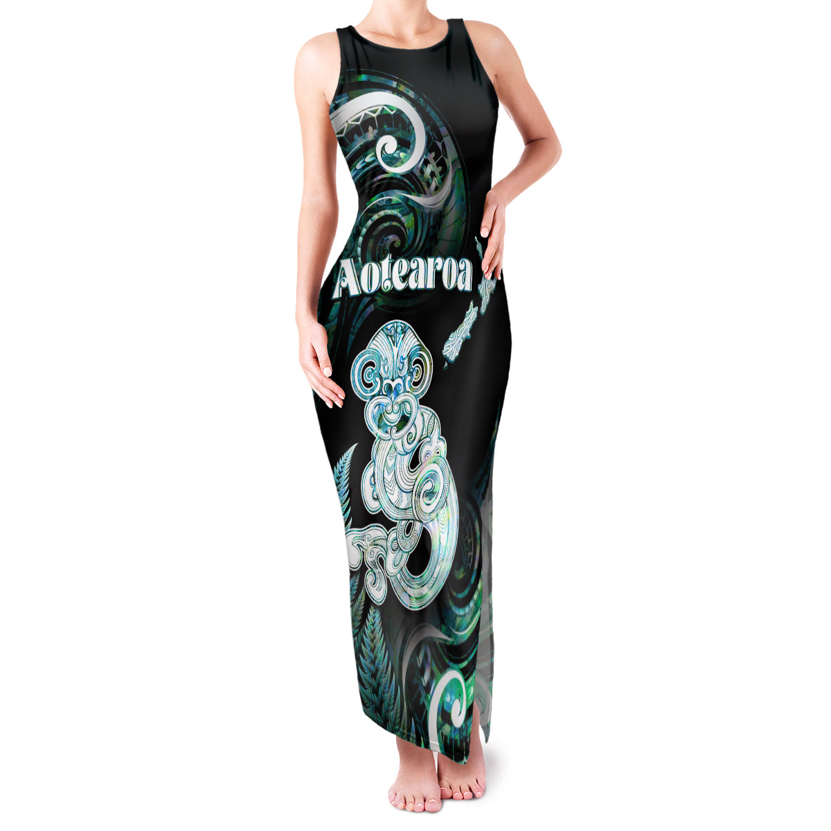 Personalised New Zealand Maori Taniwha Family Matching Tank Maxi Dress and Hawaiian Shirt Silver Fern Paua Shell Version LT05 Mom's Dress Turquoise - Polynesian Pride
