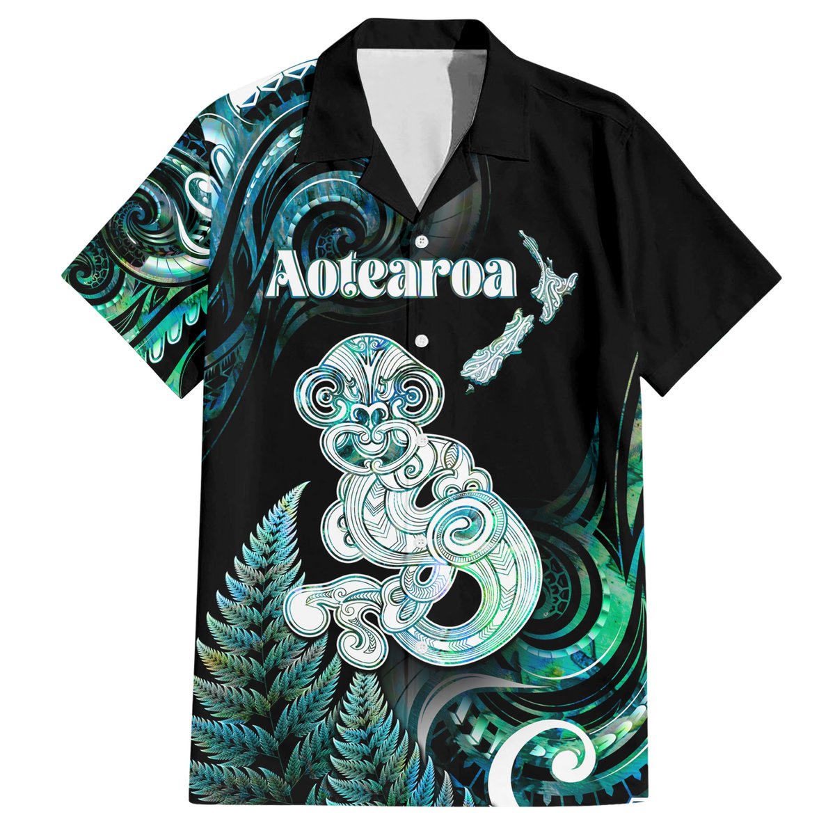 Personalised New Zealand Maori Taniwha Hawaiian Shirt Silver Fern Paua Shell Version LT05 Turquoise - Polynesian Pride