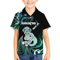 Personalised New Zealand Maori Taniwha Kid Hawaiian Shirt Silver Fern Paua Shell Version LT05 Kid Turquoise - Polynesian Pride