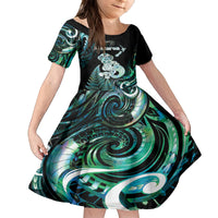 Personalised New Zealand Maori Taniwha Kid Short Sleeve Dress Silver Fern Paua Shell Version LT05 KID Turquoise - Polynesian Pride