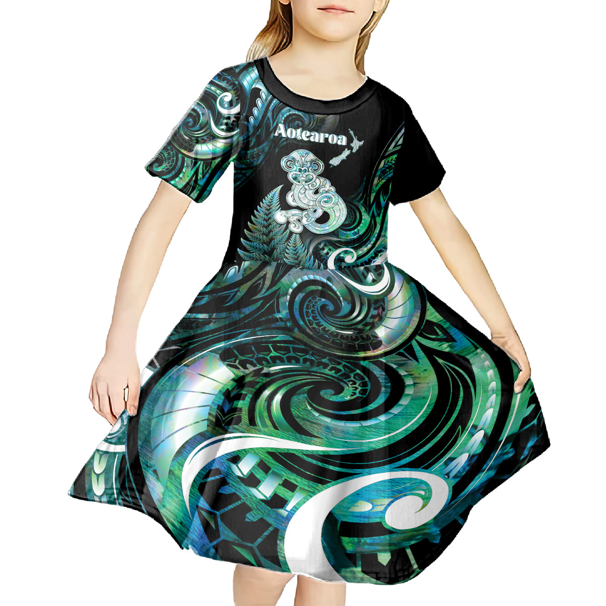 Personalised New Zealand Maori Taniwha Kid Short Sleeve Dress Silver Fern Paua Shell Version LT05 - Polynesian Pride