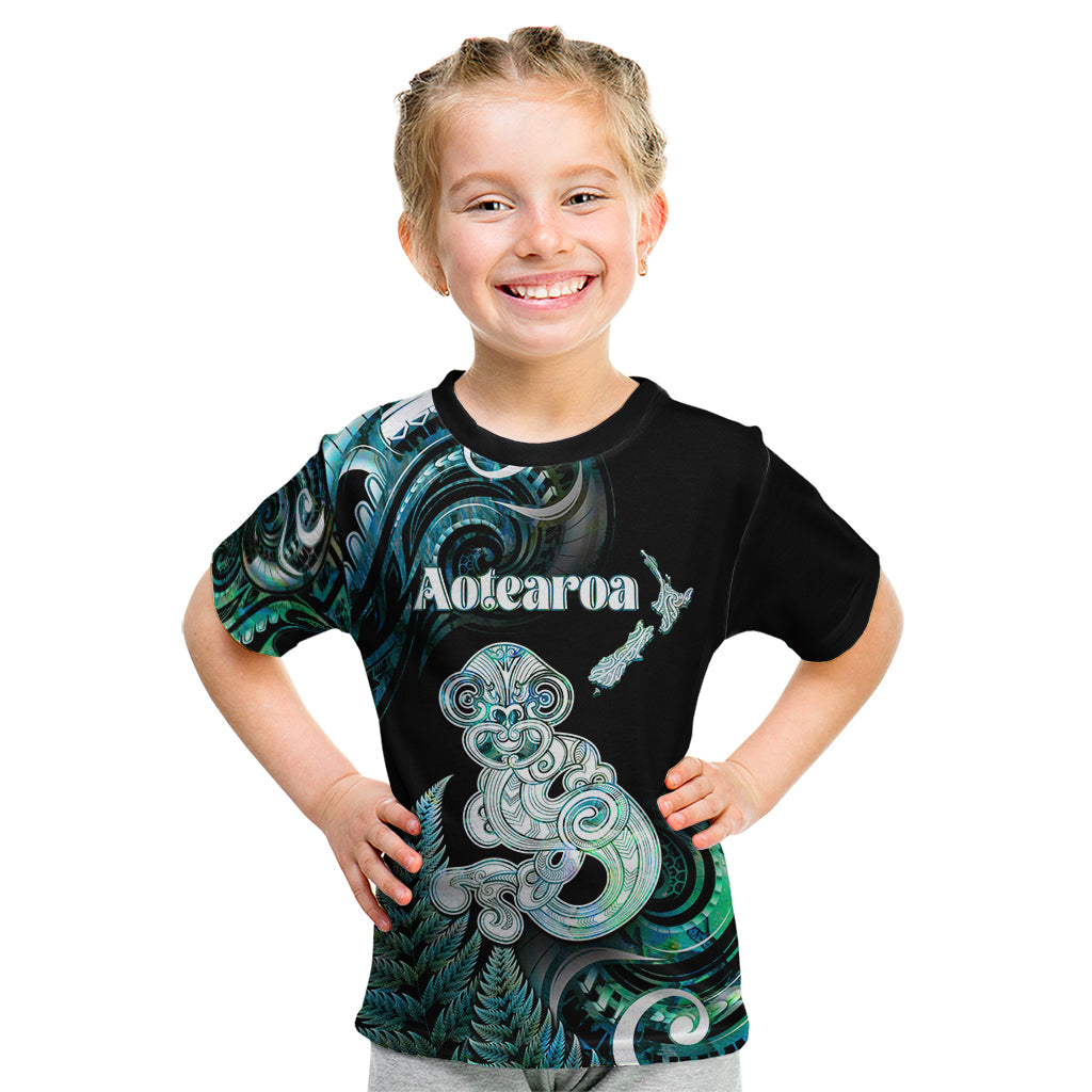 Personalised New Zealand Maori Taniwha Kid T Shirt Silver Fern Paua Shell Version LT05 Turquoise - Polynesian Pride