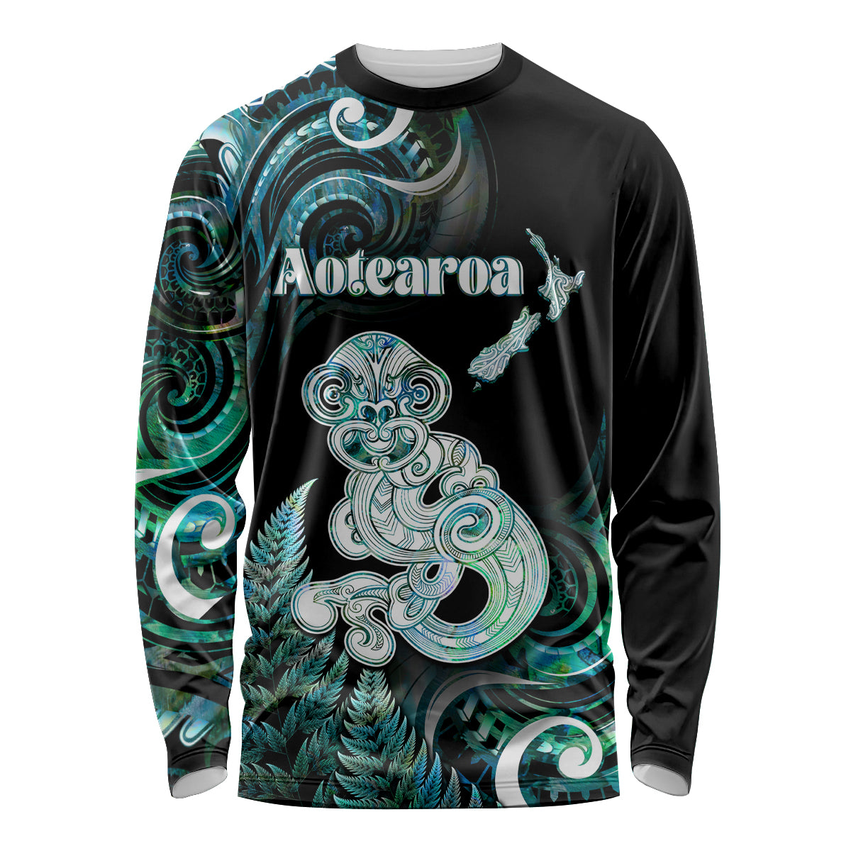 Personalised New Zealand Maori Taniwha Long Sleeve Shirt Silver Fern Paua Shell Version LT05 Unisex Turquoise - Polynesian Pride