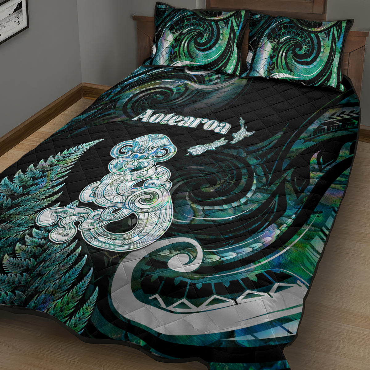 New Zealand Maori Taniwha Quilt Bed Set Silver Fern Paua Shell Version