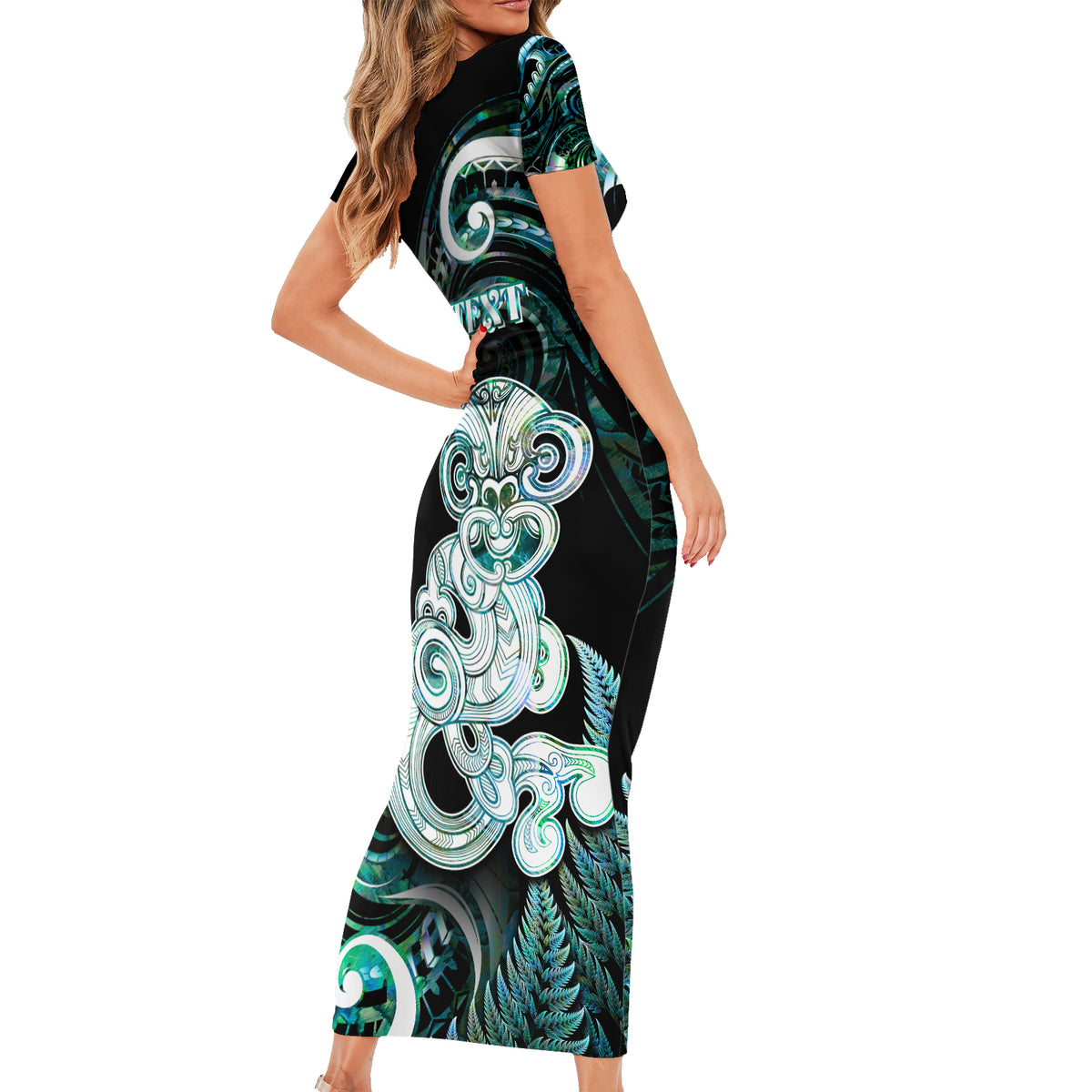 Personalised New Zealand Maori Taniwha Short Sleeve Bodycon Dress Silver Fern Paua Shell Version