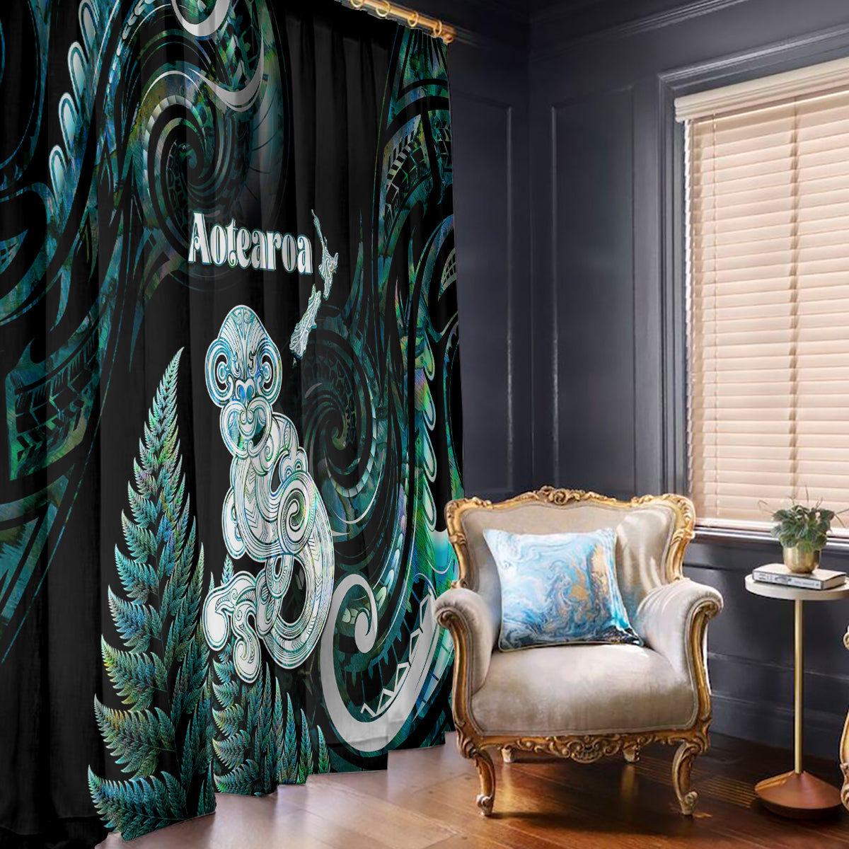 New Zealand Maori Taniwha Window Curtain Silver Fern Paua Shell Version