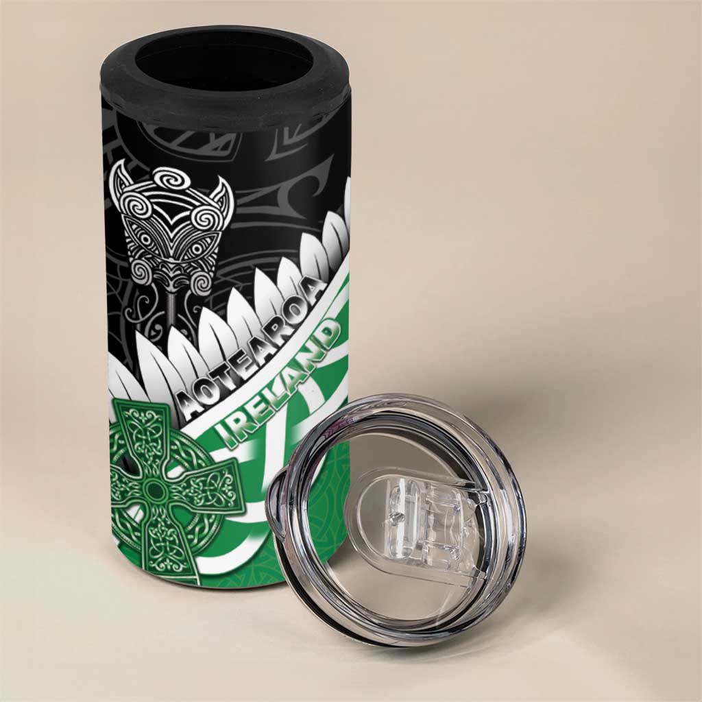 New Zealand And Ireland Rugby Custom 4 in 1 Can Cooler Tumbler Silver Fern With Celtic Cross
