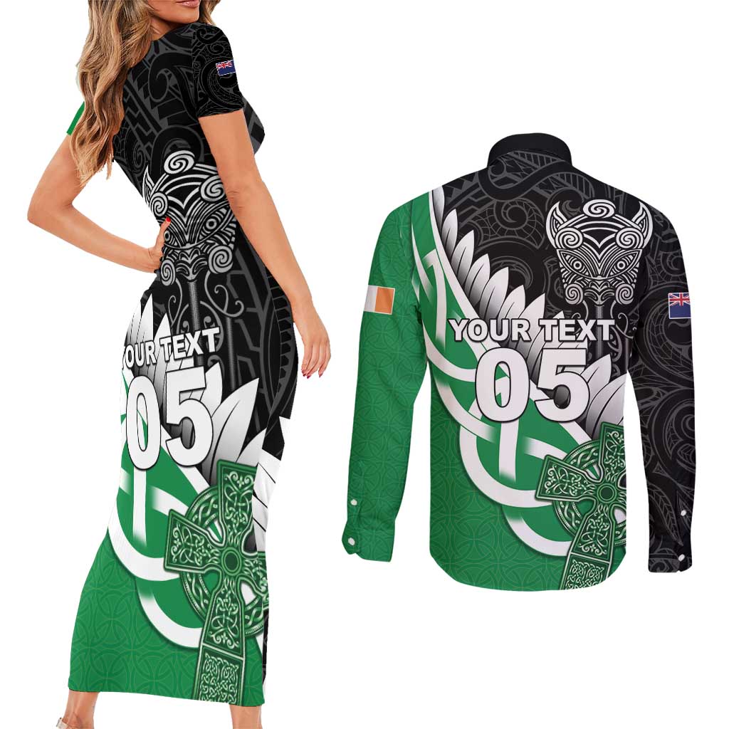New Zealand And Ireland Rugby Custom Couples Matching Short Sleeve Bodycon Dress and Long Sleeve Button Shirt Silver Fern With Celtic Cross