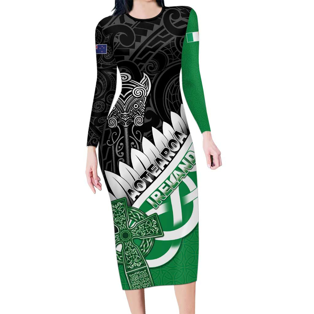 New Zealand And Ireland Rugby Custom Family Matching Long Sleeve Bodycon Dress and Hawaiian Shirt Silver Fern With Celtic Cross