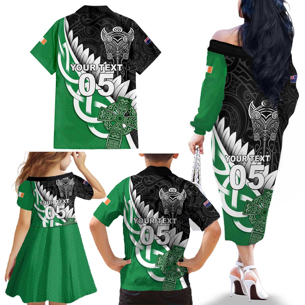 New Zealand And Ireland Rugby Custom Family Matching Off The Shoulder Long Sleeve Dress and Hawaiian Shirt Silver Fern With Celtic Cross