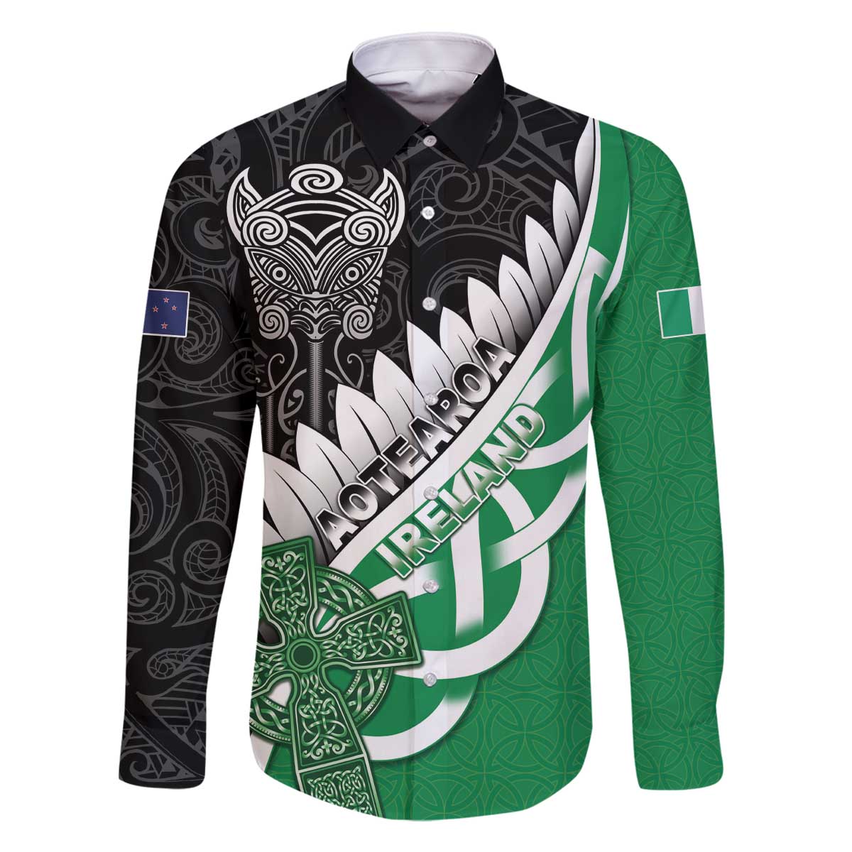 New Zealand And Ireland Rugby Custom Family Matching Off The Shoulder Long Sleeve Dress and Hawaiian Shirt Silver Fern With Celtic Cross