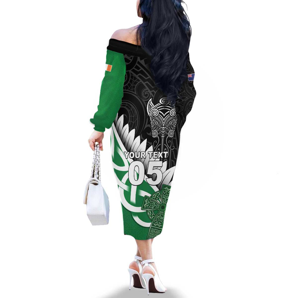 New Zealand And Ireland Rugby Custom Family Matching Off The Shoulder Long Sleeve Dress and Hawaiian Shirt Silver Fern With Celtic Cross
