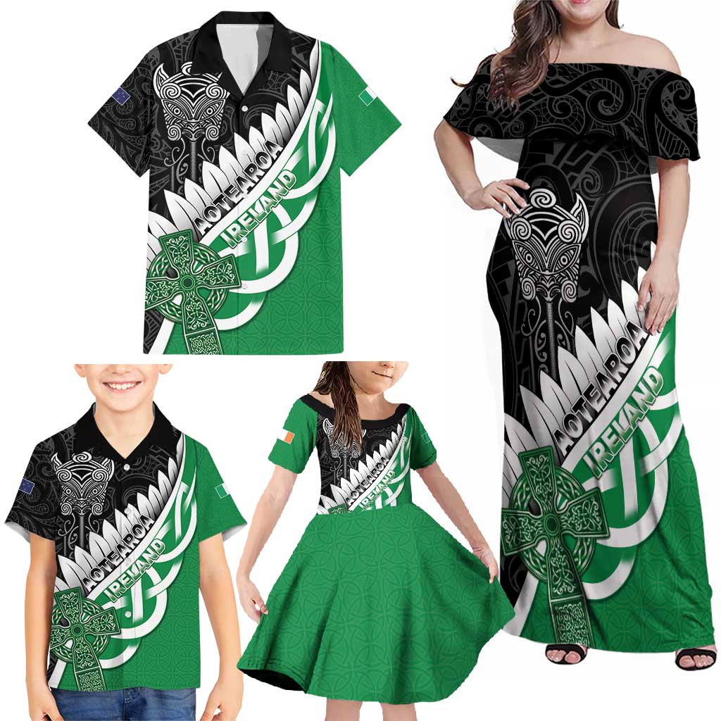 New Zealand And Ireland Rugby Custom Family Matching Off Shoulder Maxi Dress and Hawaiian Shirt Silver Fern With Celtic Cross