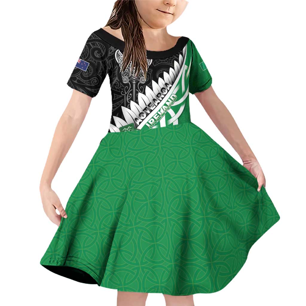 New Zealand And Ireland Rugby Custom Family Matching Off Shoulder Short Dress and Hawaiian Shirt Silver Fern With Celtic Cross