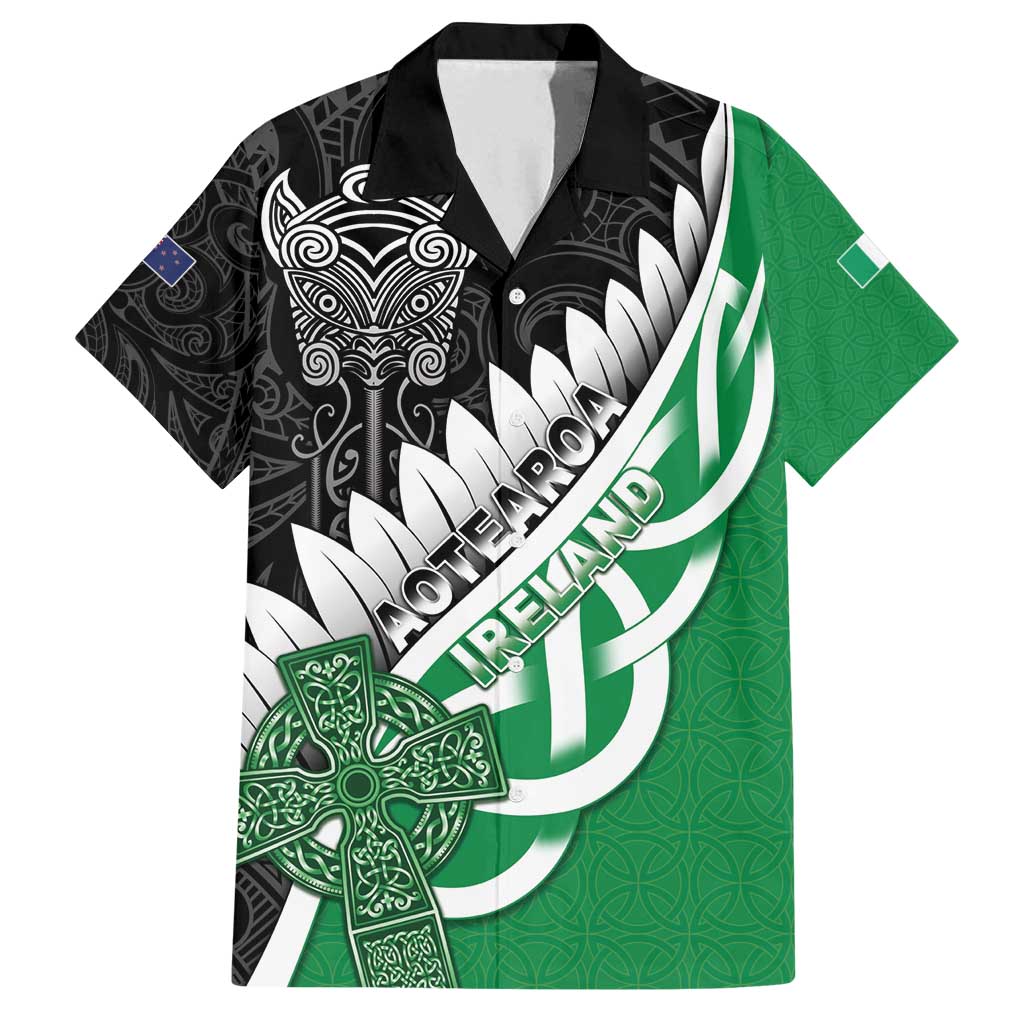New Zealand And Ireland Rugby Custom Family Matching Off Shoulder Short Dress and Hawaiian Shirt Silver Fern With Celtic Cross