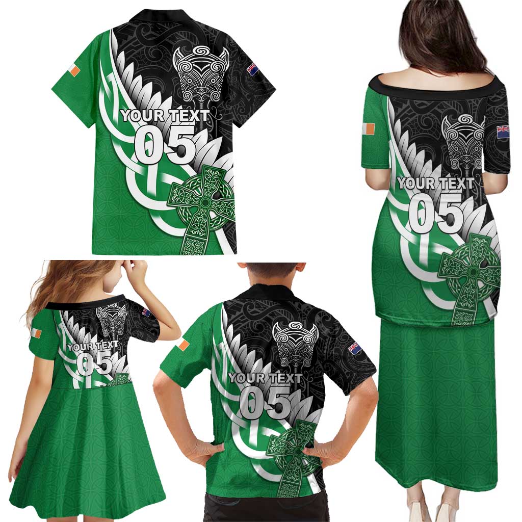 New Zealand And Ireland Rugby Custom Family Matching Puletasi and Hawaiian Shirt Silver Fern With Celtic Cross