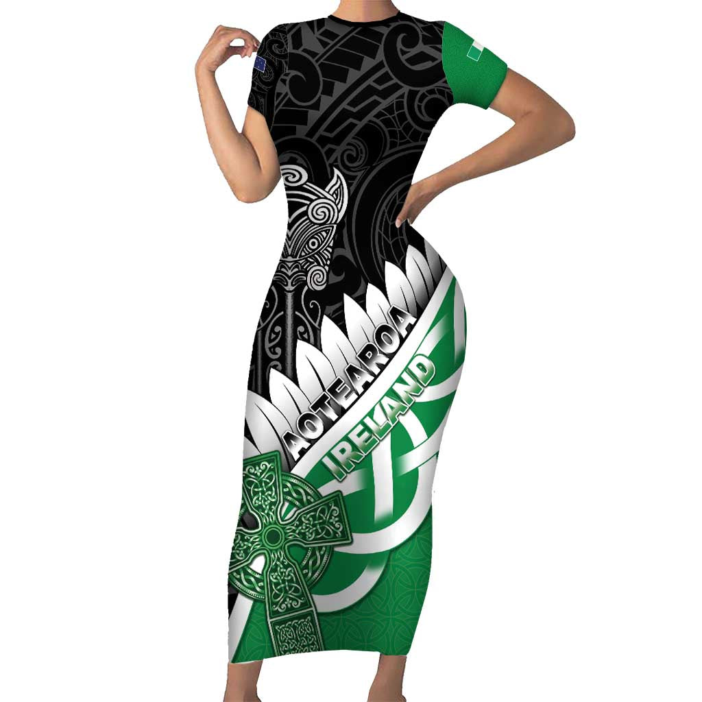New Zealand And Ireland Rugby Custom Family Matching Short Sleeve Bodycon Dress and Hawaiian Shirt Silver Fern With Celtic Cross