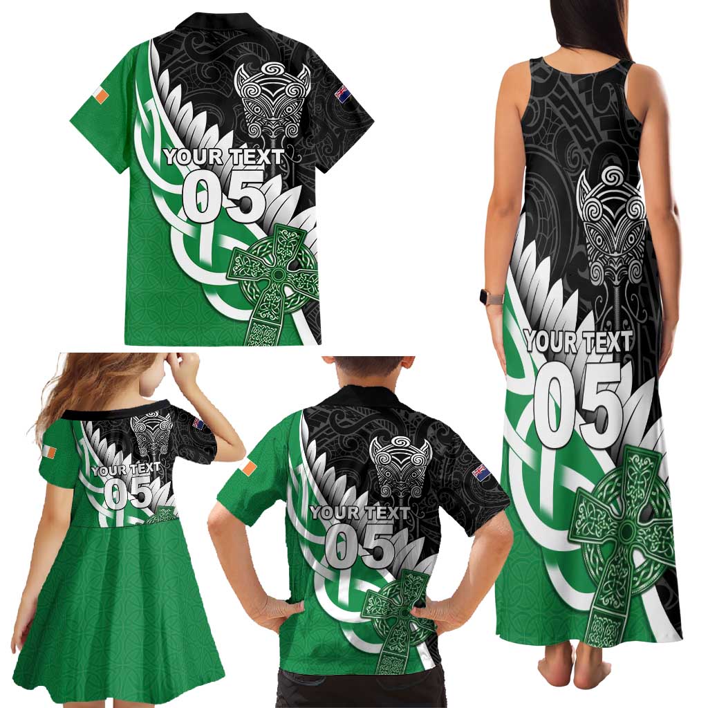 New Zealand And Ireland Rugby Custom Family Matching Tank Maxi Dress and Hawaiian Shirt Silver Fern With Celtic Cross