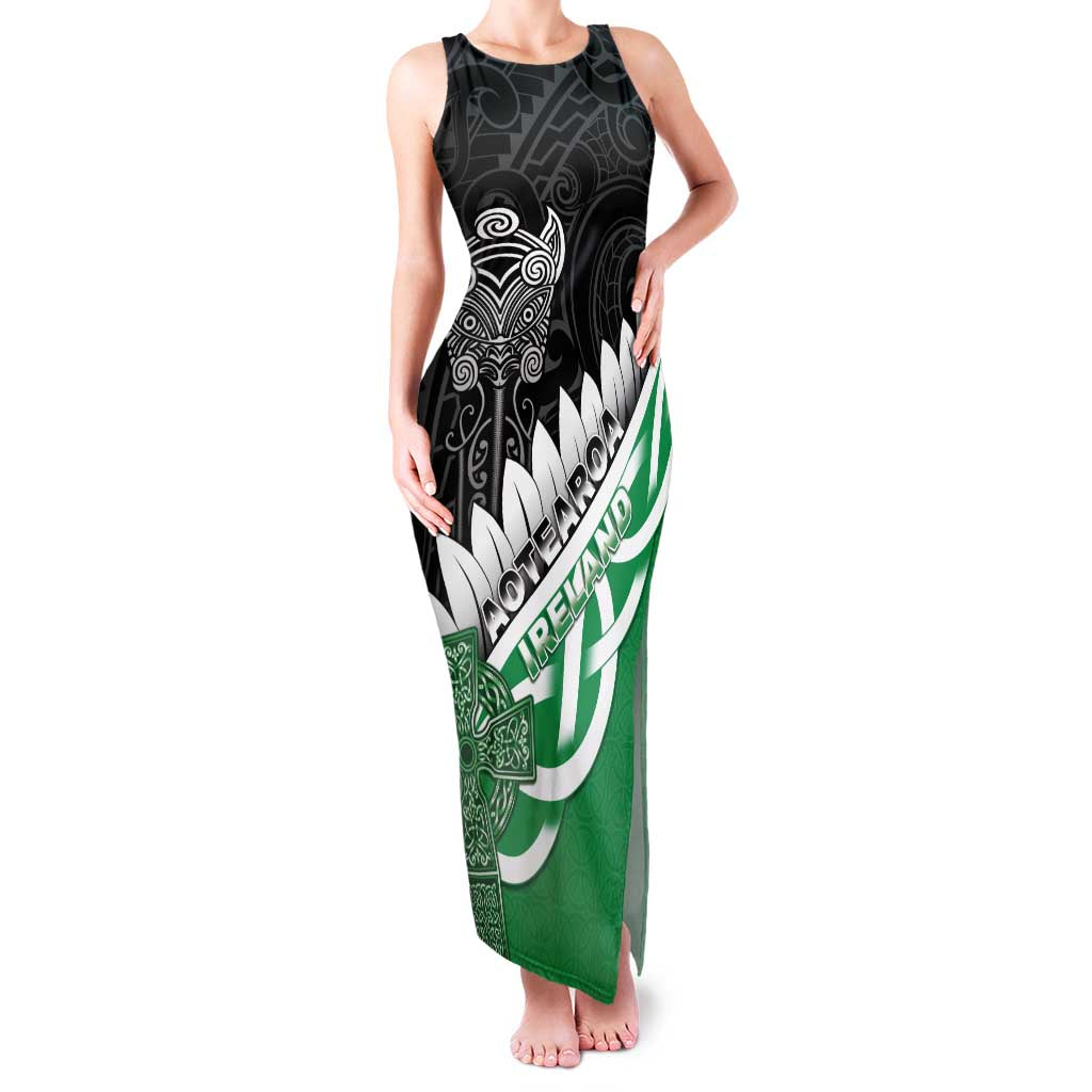 New Zealand And Ireland Rugby Custom Family Matching Tank Maxi Dress and Hawaiian Shirt Silver Fern With Celtic Cross