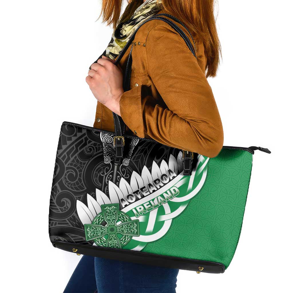 New Zealand And Ireland Rugby Leather Tote Bag Silver Fern With Celtic Cross LT05 Green - Polynesian Pride