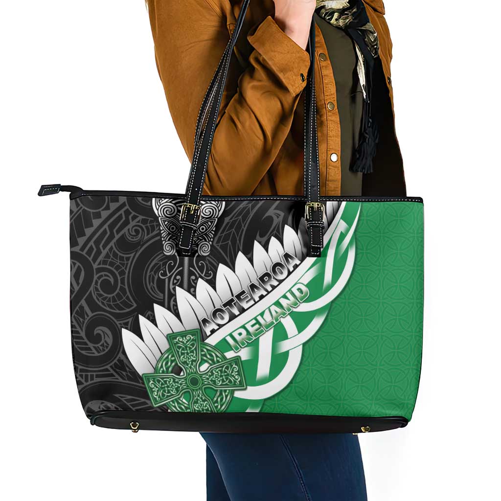 New Zealand And Ireland Rugby Leather Tote Bag Silver Fern With Celtic Cross LT05 - Polynesian Pride