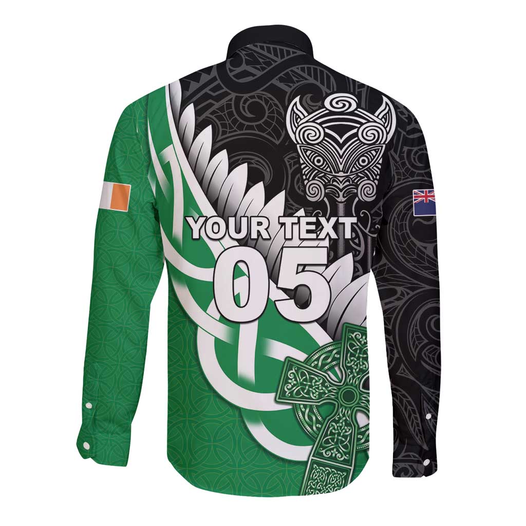 New Zealand And Ireland Rugby Custom Long Sleeve Button Shirt Silver Fern With Celtic Cross
