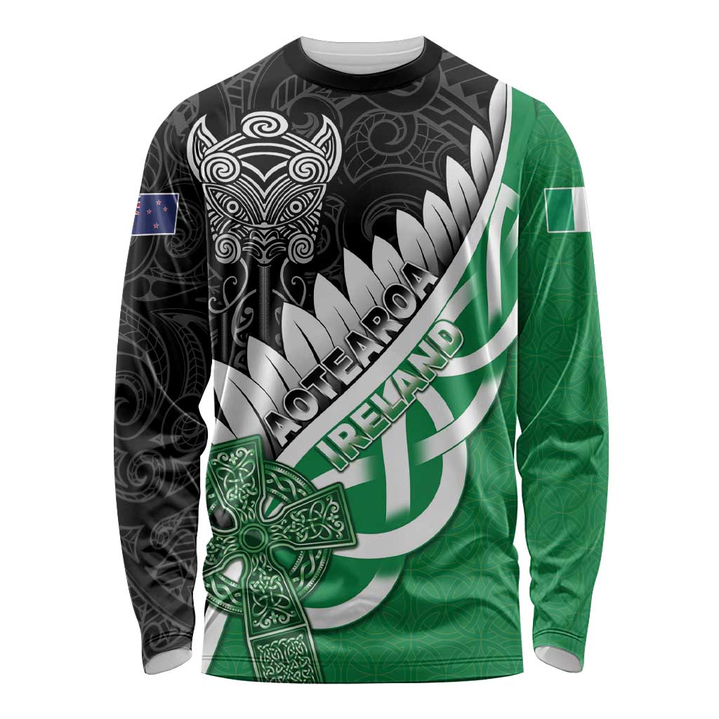 New Zealand And Ireland Rugby Custom Long Sleeve Shirt Silver Fern With Celtic Cross