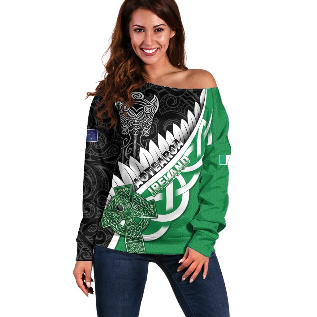 New Zealand And Ireland Rugby Custom Off Shoulder Sweater Silver Fern With Celtic Cross