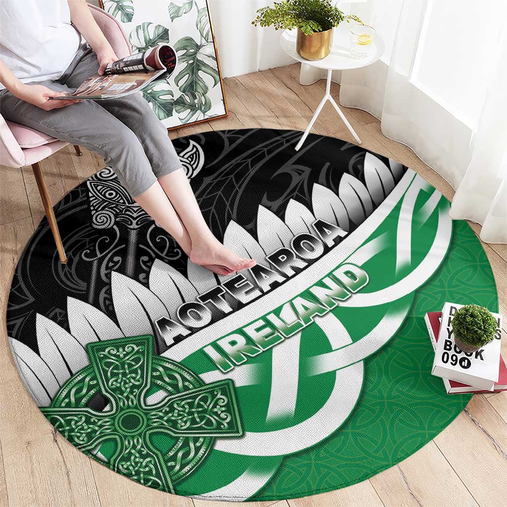 New Zealand And Ireland Rugby Round Carpet Silver Fern With Celtic Cross