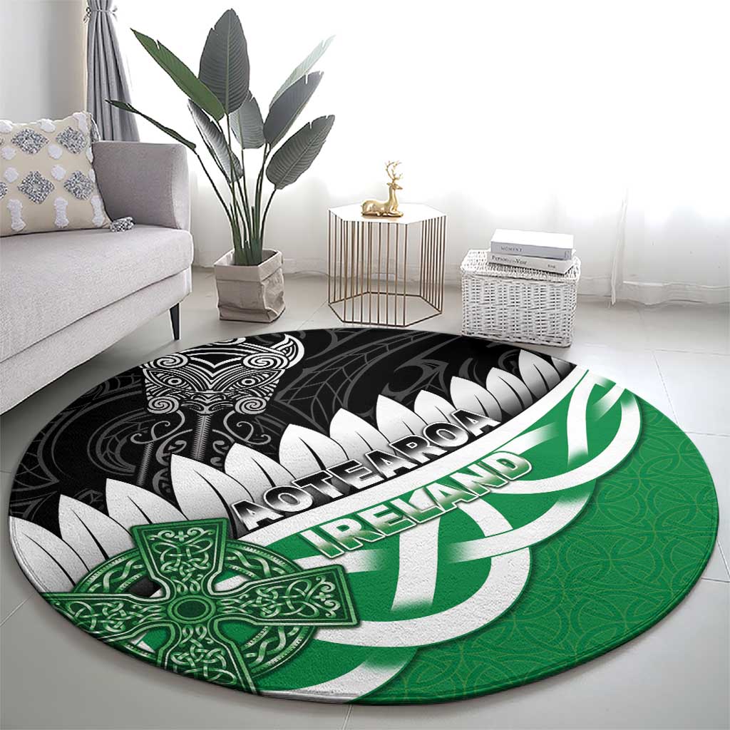 New Zealand And Ireland Rugby Round Carpet Silver Fern With Celtic Cross