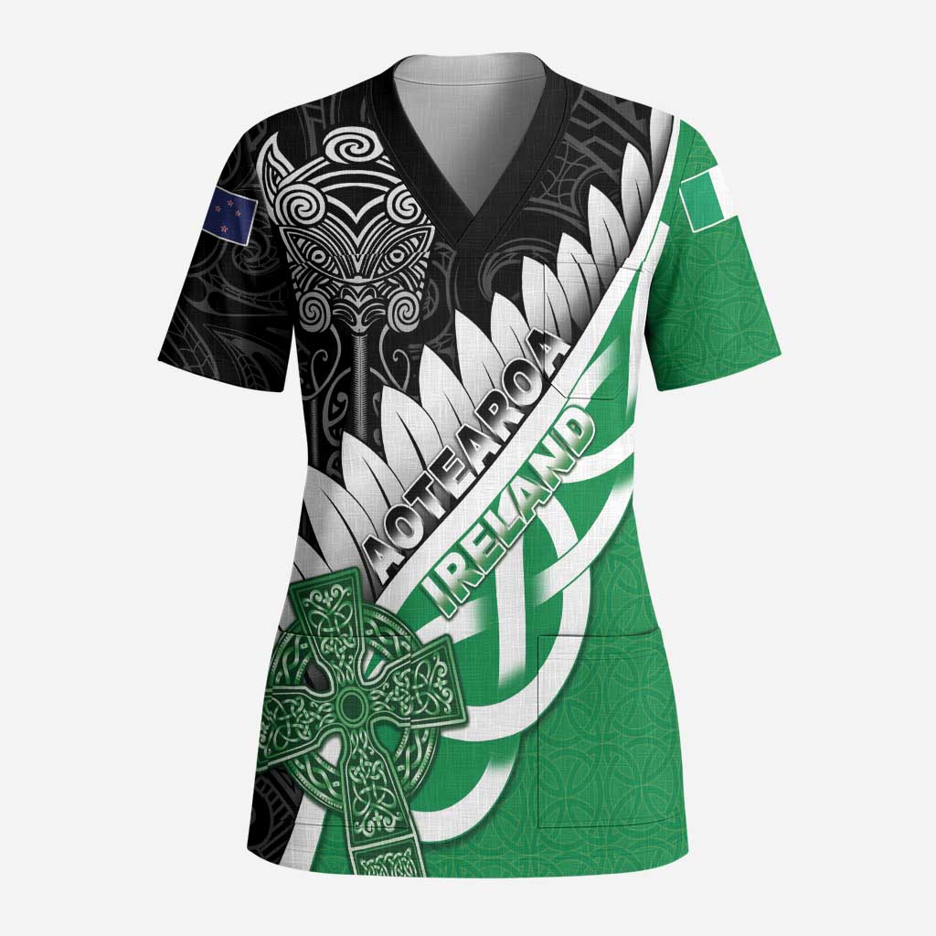 New Zealand And Ireland Rugby Custom Scrub Top Silver Fern With Celtic Cross - Polynesian Pride