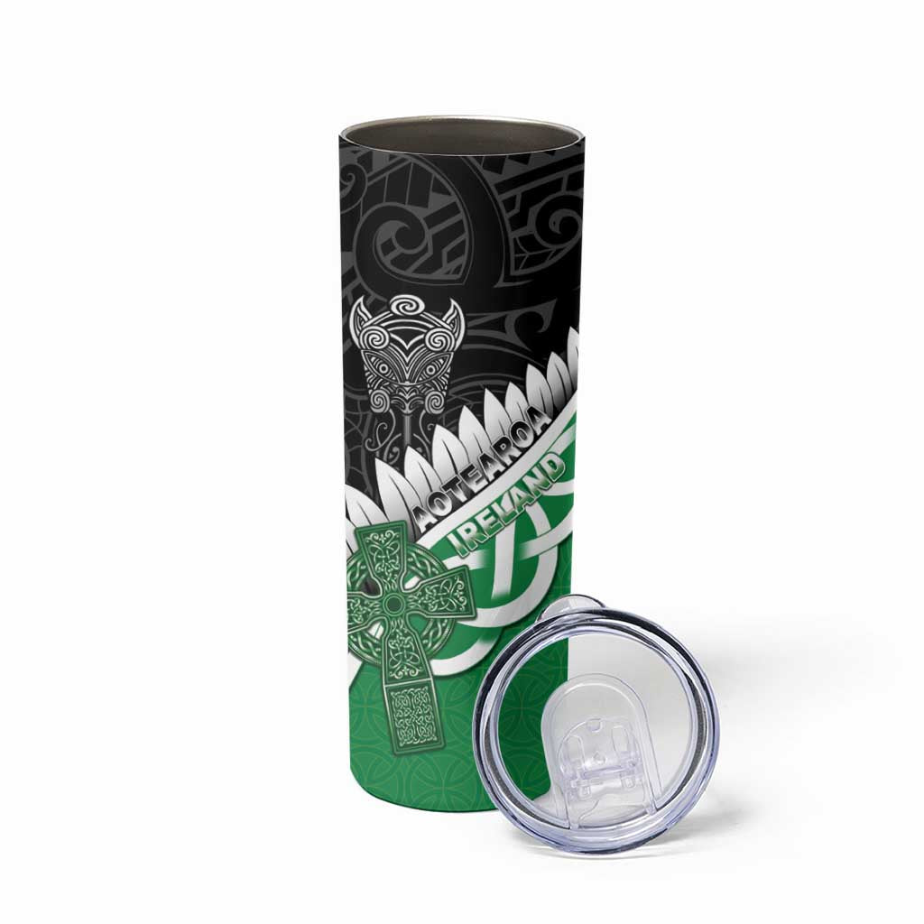 New Zealand And Ireland Rugby Custom Skinny Tumbler Silver Fern With Celtic Cross LT05 - Polynesian Pride