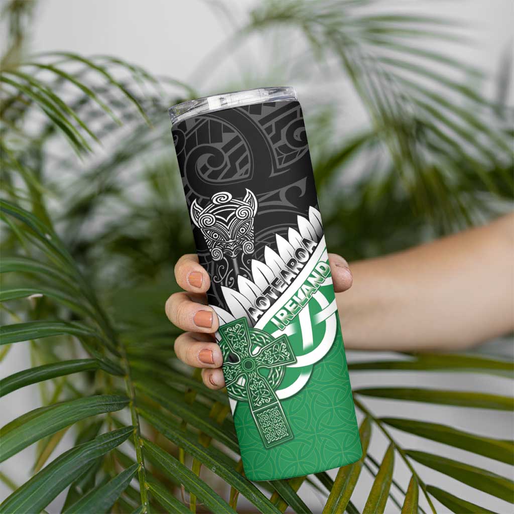 New Zealand And Ireland Rugby Custom Skinny Tumbler Silver Fern With Celtic Cross LT05 - Polynesian Pride
