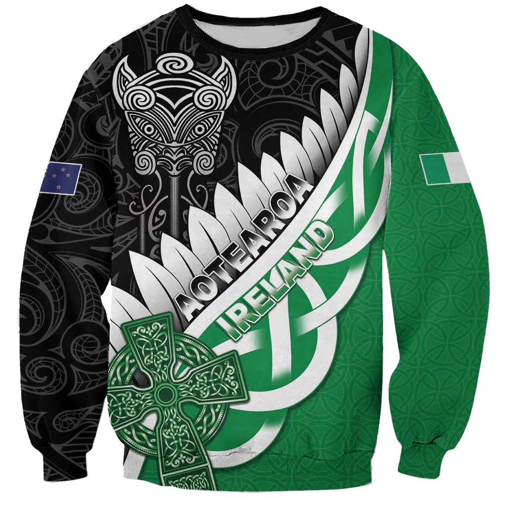 New Zealand And Ireland Rugby Custom Sweatshirt Silver Fern With Celtic Cross
