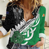 New Zealand And Ireland Rugby Custom Women Casual Shirt Silver Fern With Celtic Cross LT05 Female Green - Polynesian Pride