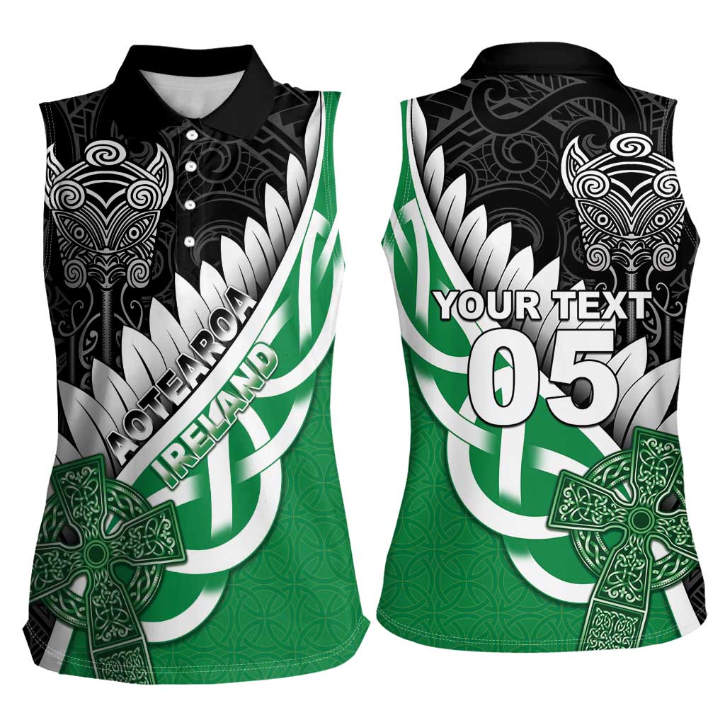 New Zealand And Ireland Rugby Custom Women Sleeveless Polo Shirt Silver Fern With Celtic Cross
