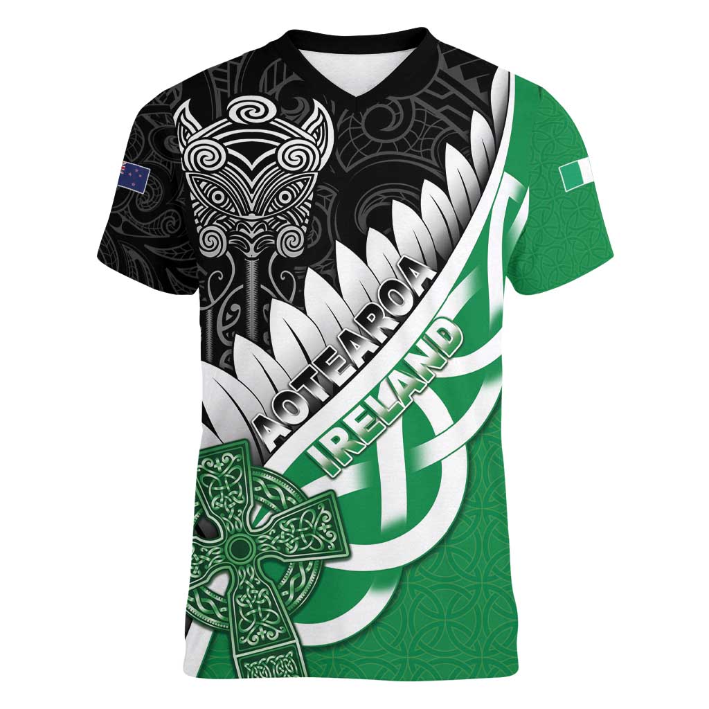 New Zealand And Ireland Rugby Custom Women V-Neck T-Shirt Silver Fern With Celtic Cross LT05 Female Green - Polynesian Pride