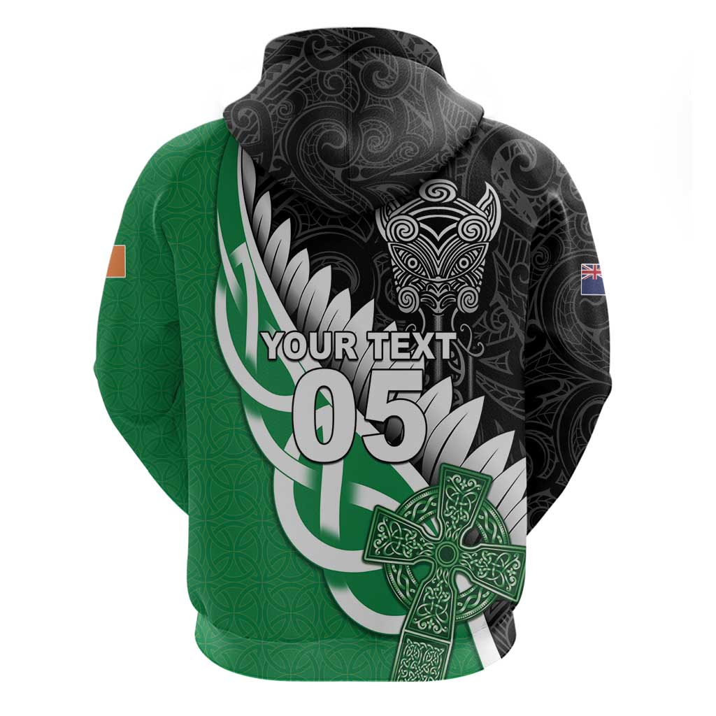 New Zealand And Ireland Rugby Custom Zip Hoodie Silver Fern With Celtic Cross