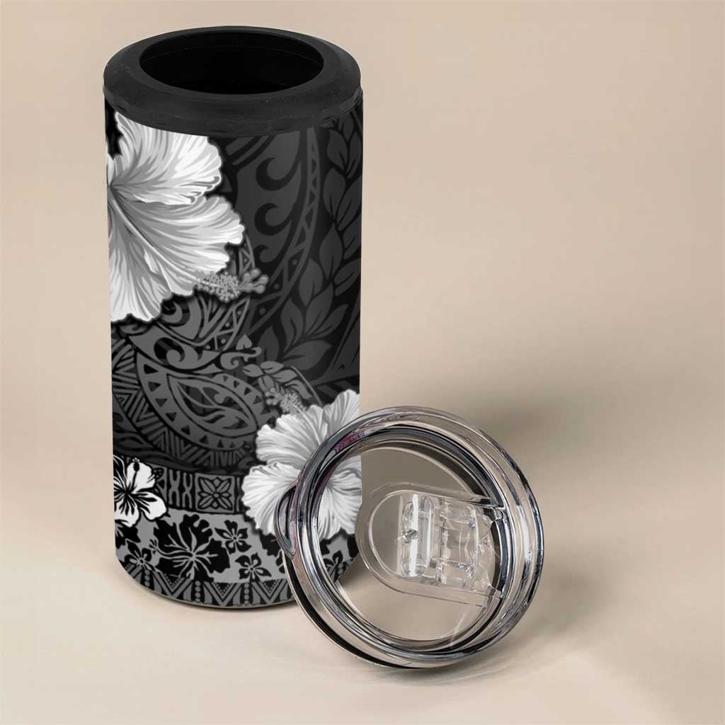Hawaii Hibiscus With Black Polynesian Pattern 4 in 1 Can Cooler Tumbler