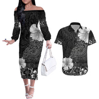 Hawaii Hibiscus With Black Polynesian Pattern Couples Matching Off The Shoulder Long Sleeve Dress and Hawaiian Shirt