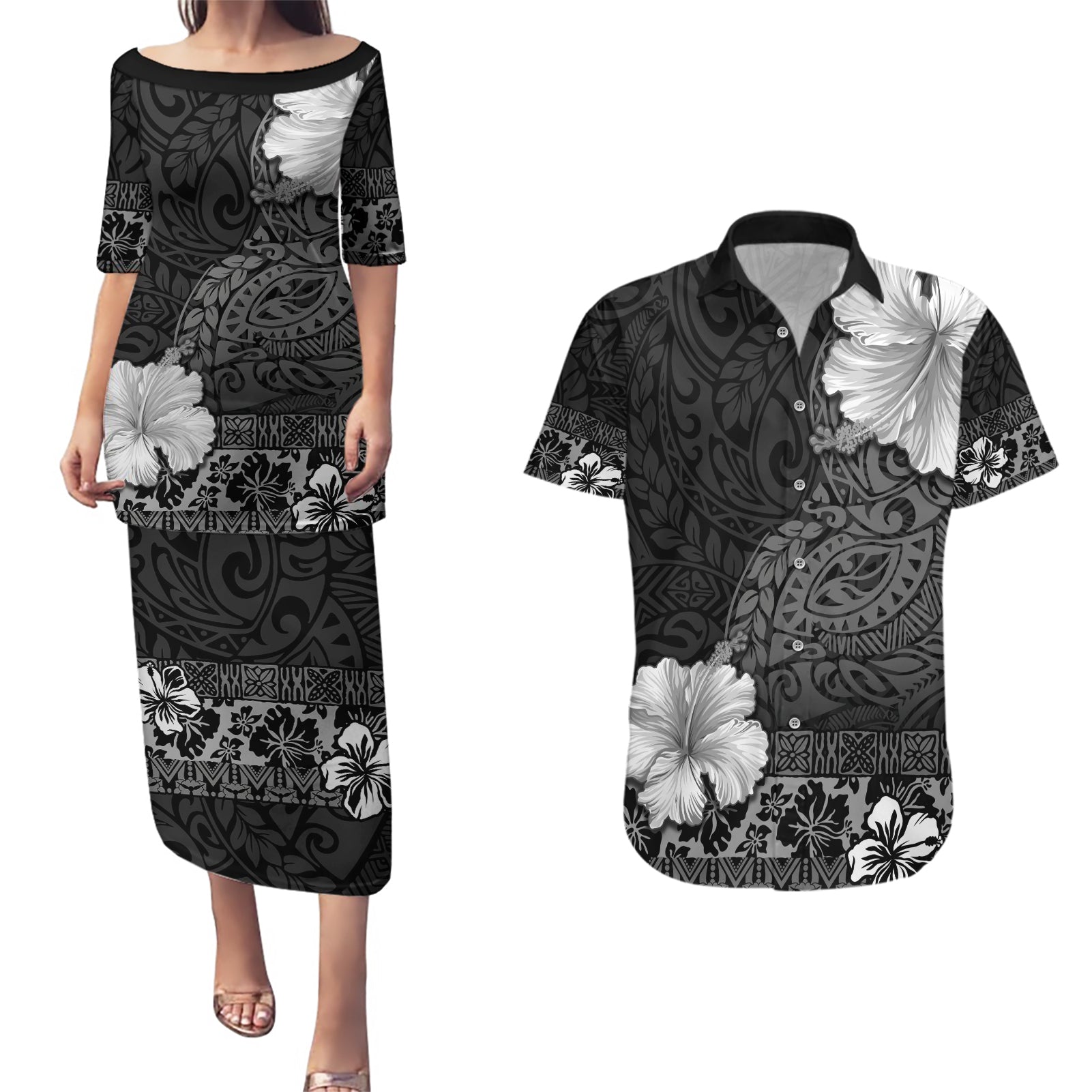 Hawaii Hibiscus With Black Polynesian Pattern Couples Matching Puletasi and Hawaiian Shirt