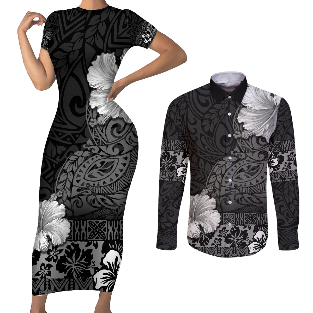Hawaii Hibiscus With Black Polynesian Pattern Couples Matching Short Sleeve Bodycon Dress and Long Sleeve Button Shirt