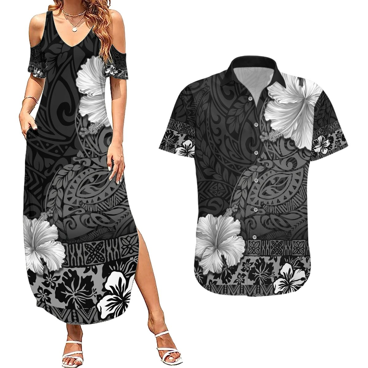 Hawaii Hibiscus With Black Polynesian Pattern Couples Matching Summer Maxi Dress and Hawaiian Shirt