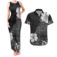 Hawaii Hibiscus With Black Polynesian Pattern Couples Matching Tank Maxi Dress and Hawaiian Shirt