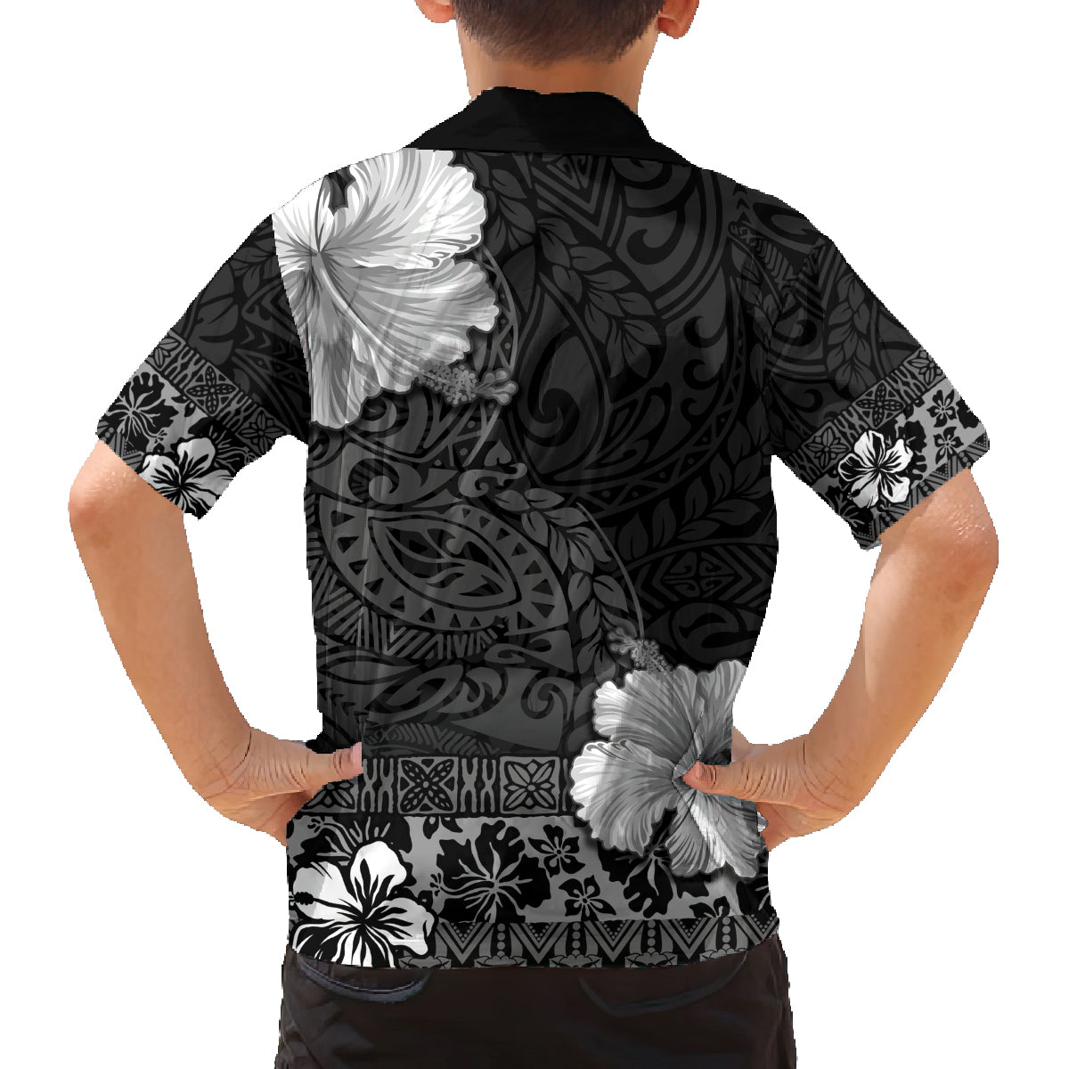 Hawaii Hibiscus With Black Polynesian Pattern Family Matching Long Sleeve Bodycon Dress and Hawaiian Shirt